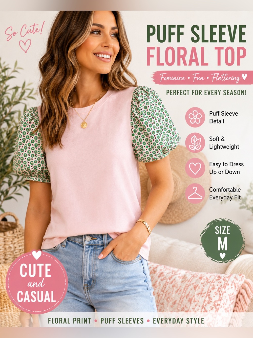 Ivu Jane Pink Puff Sleeve Floral Top Size Medium Boutique Cottagecore Blouse